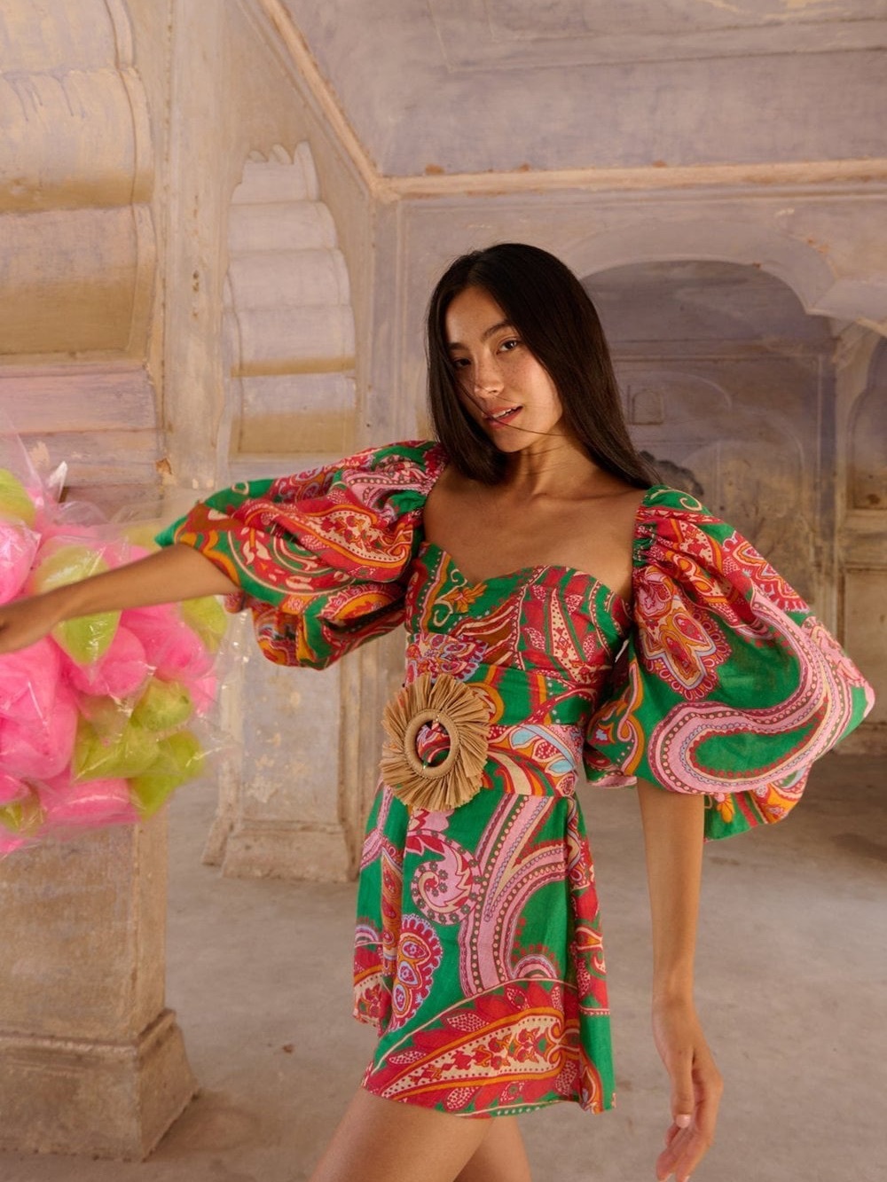 Green Paisley Puff-Sleeve Mini Romper with Statement Belt - XS/S